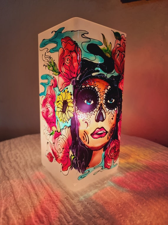La Catrina lamp with colorful flowers. Bedside lamp.Lighting bedroom.Halloween lamp.