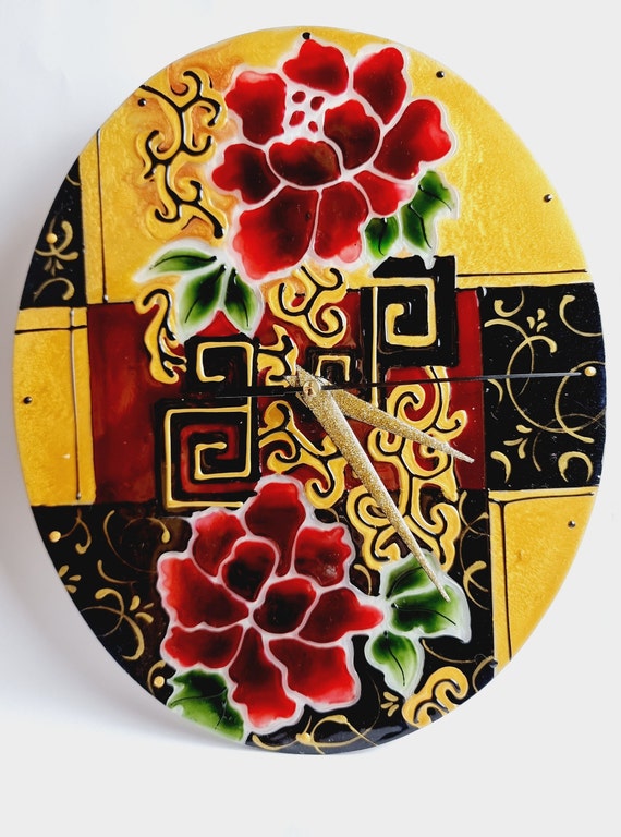 Glass clock with stained glass- Wall clock with fantasy flowers. Glass clock.  Hand painted. Glass painting by Orsolya G Vadasz