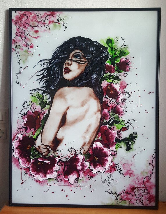 Woman with flowers. Hand painted, glass painting picture. 60 x 80 cm.
