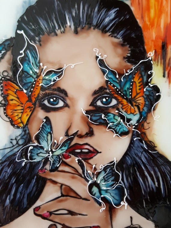 Woman with butterfly, glass painting mural. Glass painting by Orsolya G Vadasz
