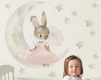 Naklejki na ścianę dla dzieci, naklejka dla dzieci, naklejka na ścianę królik, naklejka na ścianę króliczek, naklejka księżyc,