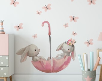 Naklejki na ścianę dla dzieci, naklejka dla dzieci, naklejka na ścianę królik, królik, naklejki motyle, dekoracje do pokoju dziecięcego