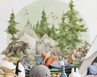 Naklejki na ścianę dla dzieci, naklejka las, naklejka zwierzęta, naklejki na ścianę drzewa, naklejka ścienna jeleń, naklejka góry