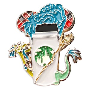 May include: A gold-tone enamel pin featuring a white coffee cup with a green logo of a mermaid and a castle. The cup is topped with a blue and green dragon head and a red and black checkered Mickey Mouse ear hat.