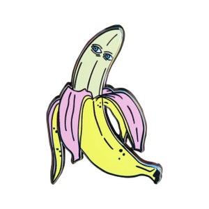 May include: A yellow banana with a pink peel and two blue eyes. The banana is depicted in a cartoon style.