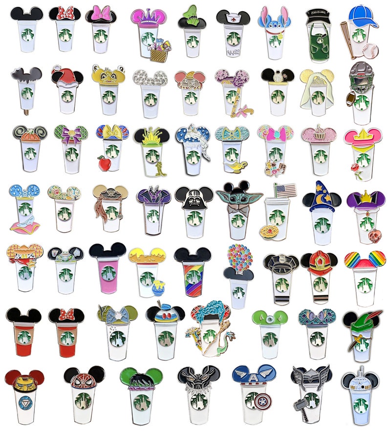 May include: A collection of 64 colourful enamel pins featuring various Disney characters and designs. Each pin depicts a stylised coffee cup with Mickey Mouse ears and a different character or theme on top. The pins are perfect for collectors or fans of Disney.