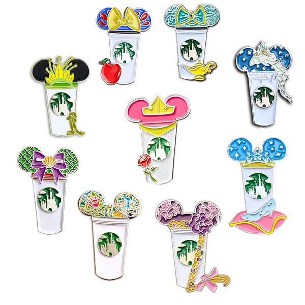 Princess Castle Coffee Cup Pin Pack (9 Pins) | Enamel pin | Jasmine | Rapunzel | Cinderella | Tiana | Belle | Snow White | Elsa | Ariel