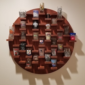 Unique Circular Wooden Shot Glass Display - Wall Mounted Decorative Shelf for Home & Bar