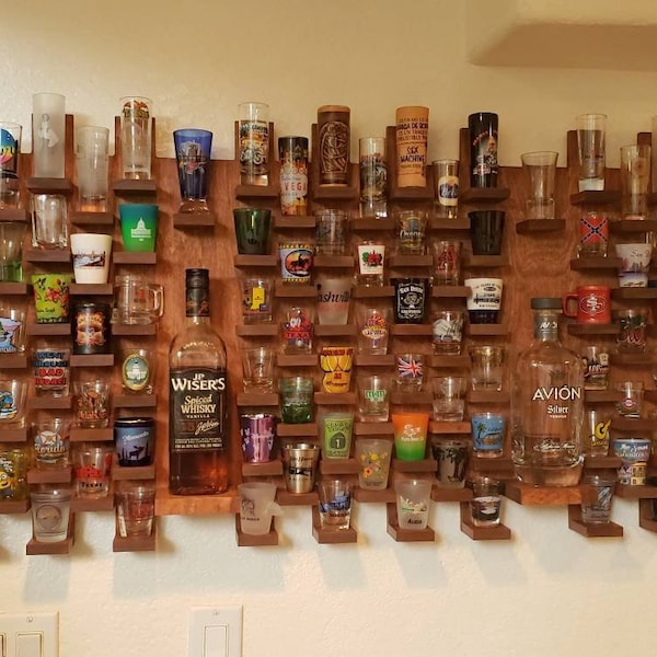 Large Wooden Shot Glass & Bottle Display Case - Wall Mounted Shelf Holds 91 Shot Glasses + 2 Bottle Holders