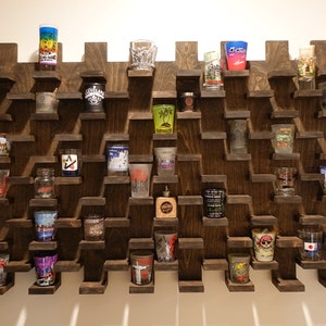 Handcrafted Large Wooden Shot Glass Display Case - Holds 99 Shot Glasses - Wall Mounted Collector’s Shelf