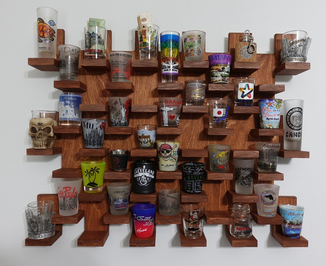 Shot Glass Display Case - 28 Slot Wall Mounted Wood Cabinet For Collections