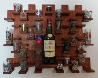 Wooden Shot Glass Display with Bottle Shelf - Wall Mounted Bar Decor