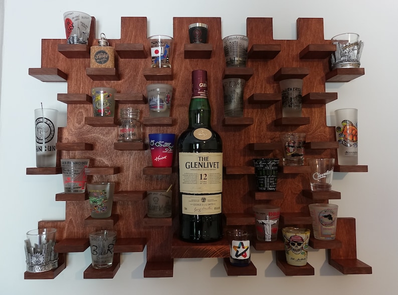 Shot glass display case with bottle shelv wall mount Etsy