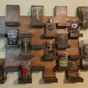 Handcrafted Wooden Wall Mounted Shot Glass Display Case - Bar Shelf