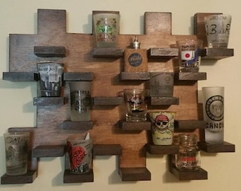Handcrafted Wooden Wall Mounted Shot Glass Display Case - Bar Shelf
