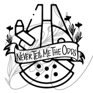 Puede incluir: Ilustración en blanco y negro del Halcón Milenario, con elementos florales y el texto "NEVER TELL ME THE ODDS" en una pancarta. Un diseño estilizado para los fanáticos de la ciencia ficción.