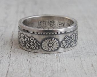 Anillo de plata japonés - Moneda de plata de 50 sen - Anillo de plata de 50 sen de Japón - Joyería japonesa