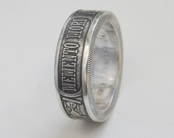 Memento Mori Silver Coin Ring, Handmade 999 Fine Silver Band, Gothic Coin Jewelry, Skull Keepsake, Alternative Style Gift