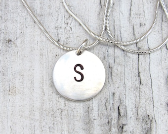 Custom Sterling Silver Disc Charm Necklace- Hand Stamped- Choose Your Initals, Charm Metal and Chain - Silver Personalized Necklace