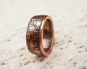 British Half Penny Coin Ring, UK, Unique Ring, Coin Jewelry, Mens, Copper, Band, Mans, Rings