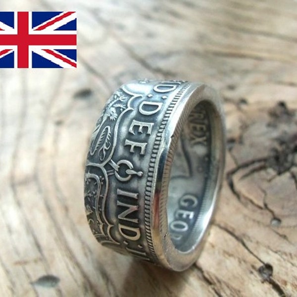 Bague en argent - Bague en demi-couronne de Grande-Bretagne - Bijoux britanniques - Royaume-Uni - Bagues de pièces de monnaie britanniques - Bagues de pièces britanniques