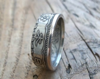 Anillo de moneda de plata de Japón - Anillo de moneda de plata japonesa - Moneda de plata de 50 sen - Anillo de moneda de plata de 50 sen de Japón - Joyería japonesa - Anillo de moneda personalizado