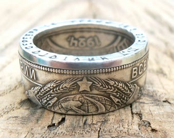 Muntring USSR, Roebel 1924, Russisch souvenir, Zilveren muntring, USSR, Russische muntring, muntsieraden, handgemaakte zilveren ringen - Zilveren herenring