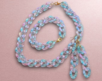 Collar de eslabones acrílicos iridiscentes de color rosa y azul, pendientes, conjunto de pulseras - Conjunto de joyas de arco iris pastel - Ideal para accesorios de primavera / verano
