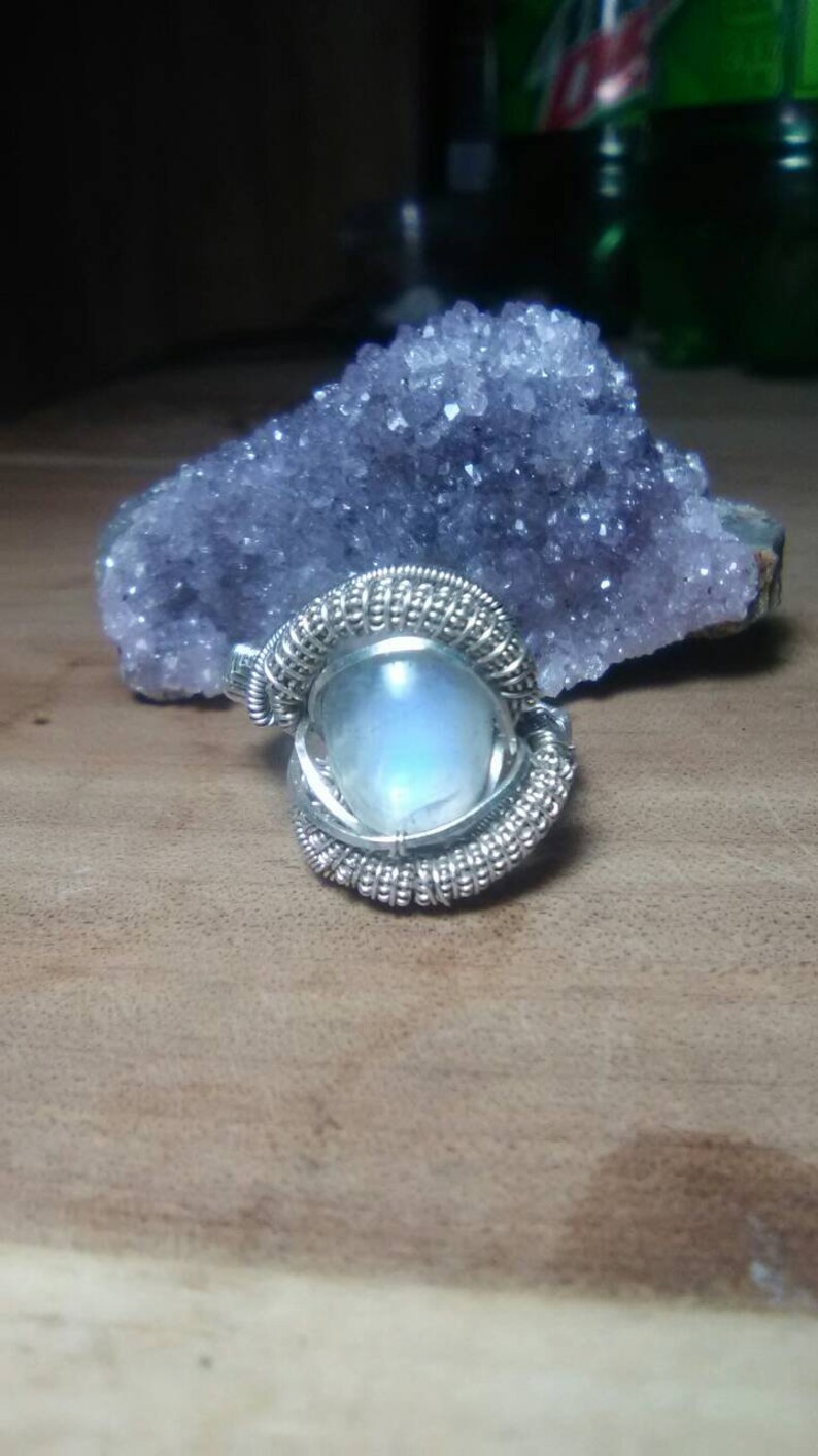 Wire Wrap Moon Stone Ring Rainbow Moonstone Silver Ring Flashy Gem Moonstone Ring Heady Style Moonstone Wire Wrapped Ring