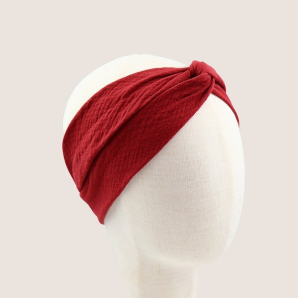 HAARBAND aus Bio-Baumwolle mit Draht in rot, MUSSELIN HEADBAND, perfekt an den Kopf anpassbar durch Drahtkern!