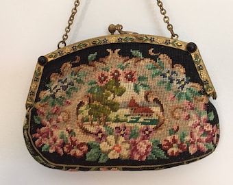 Scarce Enamel Frame Scenic Art Deco Petit Point Purse//Vintage Scenic Purse//Antique Needlepoint Bag//Flower Frame//Art Deco Purse