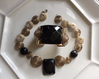 FAB 1930s-1940s Bakelite and Brass Set//Black Bakelite Necklace and Bracelet Demi-Parure//Vintage Necklace & Cuff//Faceted Bakelite