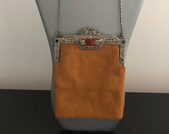 Antique Art Deco Sterling Marcasite Suede Purse/1920s Handbag, Sterling Silver Frame, Carnelian, Onyx/Antique Marcasite Purse Frame