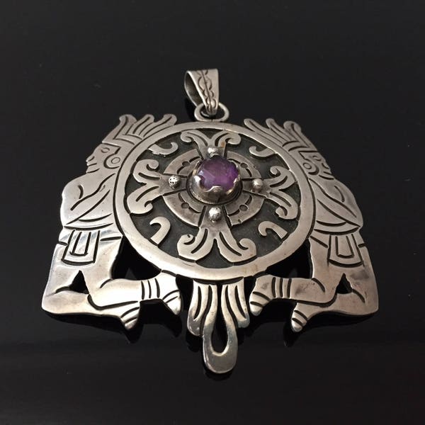 1950s Mexican Amethyst Sterling Silver Pendant/Vintage Mexico Silver Jewelry/Mid Century Modern/Vintage Sterling/Statement Necklace