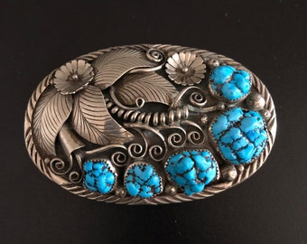 1960s Native American NAVAJO Sterling Silver Belt Buckle Block Turquoise Added XL Antique Sterling Silver Turquoise Native American Navajo  main image 2