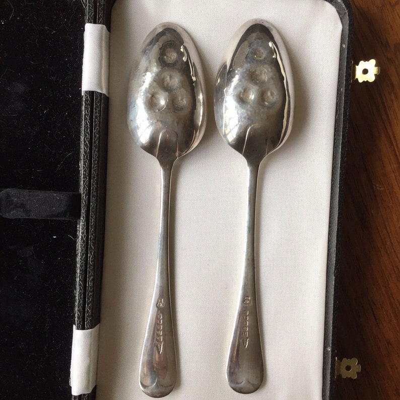 Sheffield Hand Etched Berry SpoonsVictorian Gilded Berry SpoonsChased Serving Spoons 1905Antique Serving Spoons Walker /& Hall c