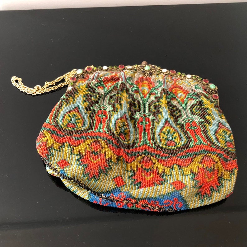 Stunning Art Deco Microbeaded Purse Jeweled Frame Oriental Carpet Persian Rug Design Vintage Beaded Handbag 1920s Geometric