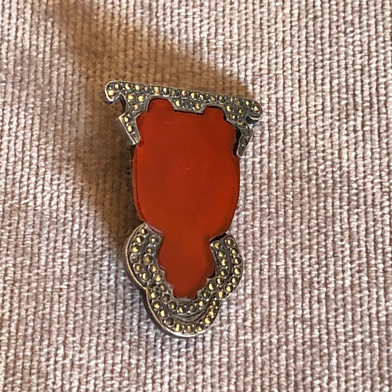 Antique French Marcasite Brooch, c. 1910, Carnelian, Unique Shape/Victorian Marcasite/Antique Victorian Brooch image 5
