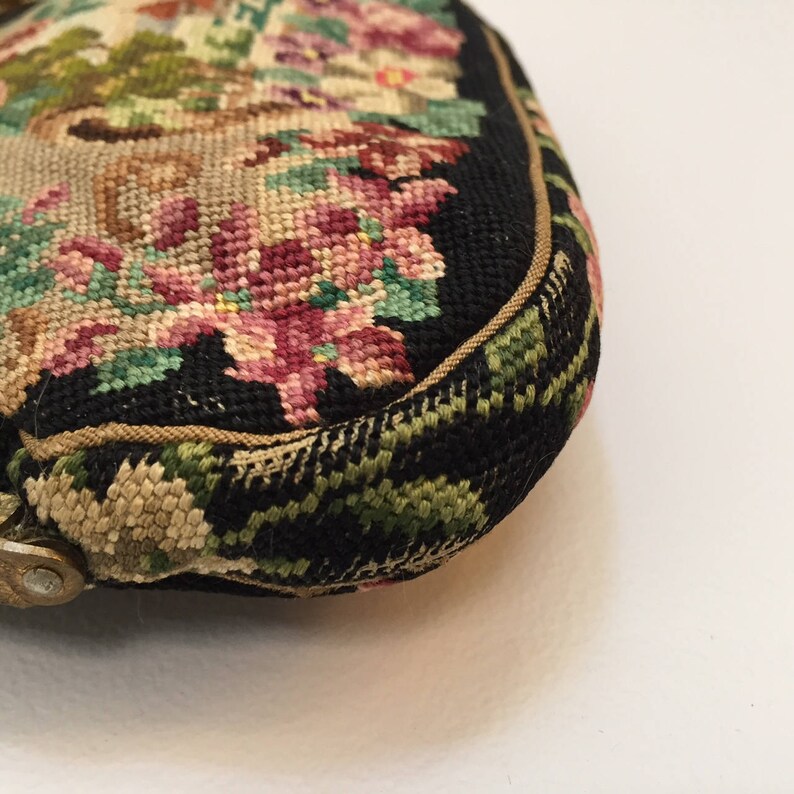 Scarce Enamel Frame Scenic Art Deco Petit Point Purse//Vintage Scenic Purse//Antique Needlepoint Bag//Flower Frame//Art Deco Purse image 10