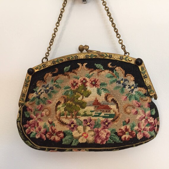 Scarce Enamel Frame Scenic Art Deco Petit Point Purse//Vintage Scenic Purse//Antique Needlepoint Bag//Flower Frame//Art Deco Purse