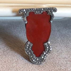 Antique French Marcasite Brooch, c. 1910, Carnelian, Unique Shape/Victorian Marcasite/Antique Victorian Brooch image 2