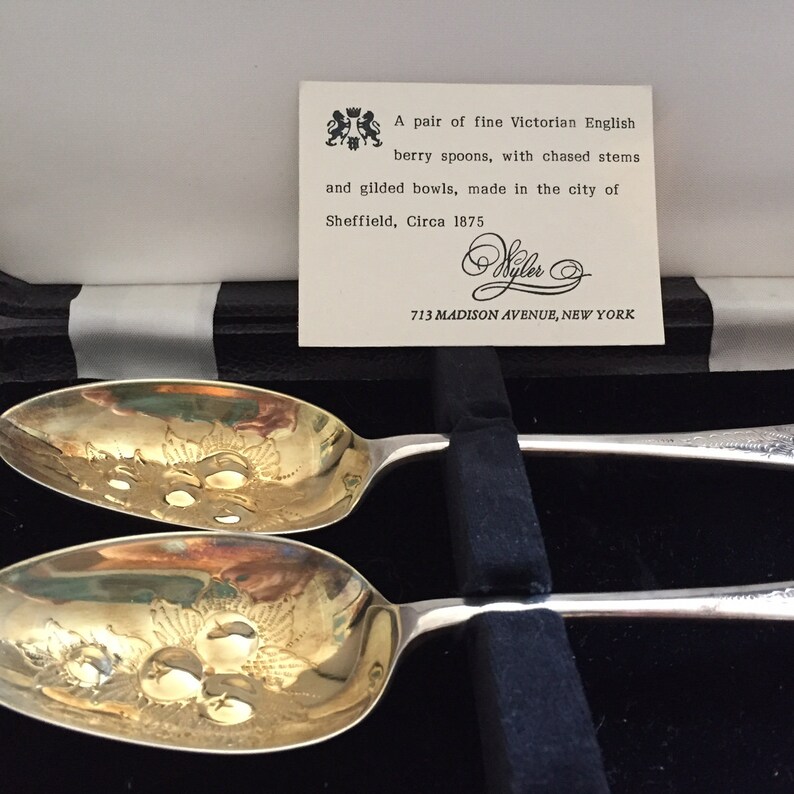 Sheffield Hand Etched Berry SpoonsVictorian Gilded Berry SpoonsChased Serving Spoons 1905Antique Serving Spoons Walker /& Hall c