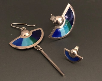 Vintage Norway Sterling Enamel Ring, Earrings Set/1990s Norwegian Jewelry/Scandinavian Designer EMBLA/Modernist Enamel Jewelry