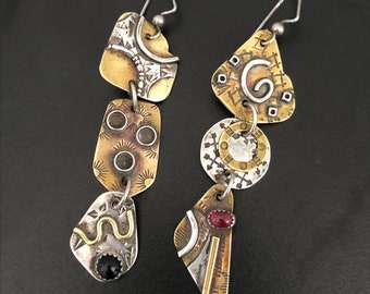 Signed 1994 Angela Duffin Handmade Earrings/Artisan Mixed Metal Gemstone Earrings, Garnet, Onyx