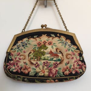Scarce Enamel Frame Scenic Art Deco Petit Point Purse//Vintage Scenic Purse//Antique Needlepoint Bag//Flower Frame//Art Deco Purse image 2