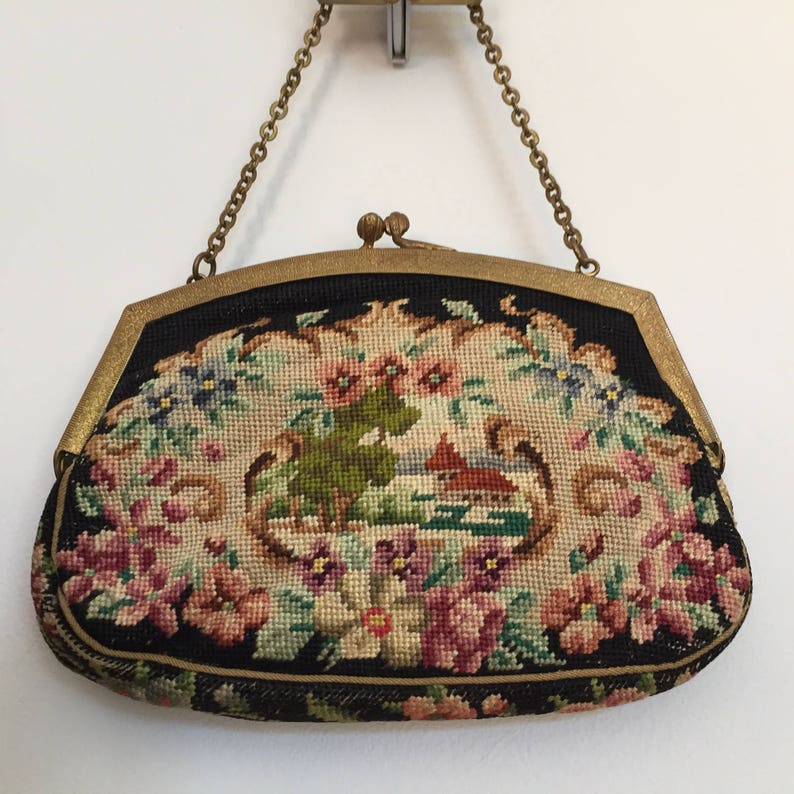 Scarce Enamel Frame Scenic Art Deco Petit Point Purse//Vintage Scenic Purse//Antique Needlepoint Bag//Flower Frame//Art Deco Purse image 2