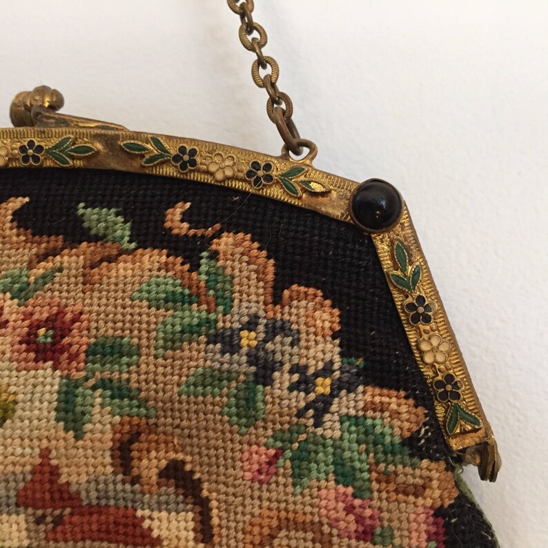 Scarce Enamel Frame Scenic Art Deco Petit Point Purse//Vintage Scenic Purse//Antique Needlepoint Bag//Flower Frame//Art Deco Purse image 4