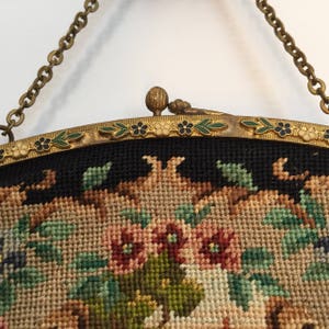 Scarce Enamel Frame Scenic Art Deco Petit Point Purse//Vintage Scenic Purse//Antique Needlepoint Bag//Flower Frame//Art Deco Purse image 6