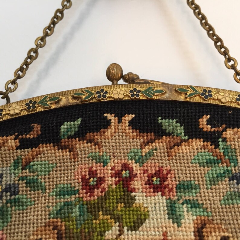 Scarce Enamel Frame Scenic Art Deco Petit Point Purse//Vintage Scenic Purse//Antique Needlepoint Bag//Flower Frame//Art Deco Purse image 6