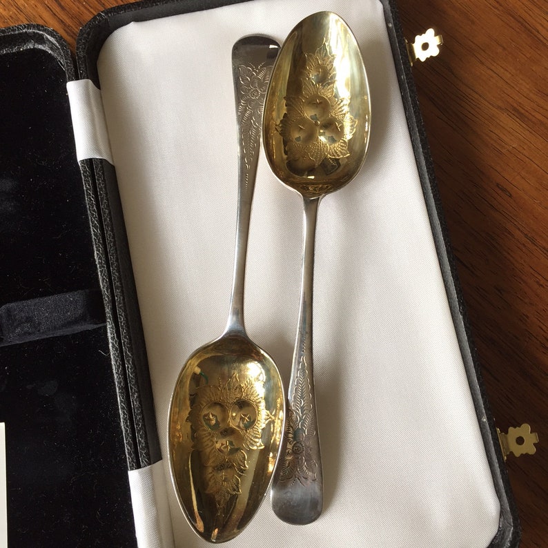 Sheffield Hand Etched Berry SpoonsVictorian Gilded Berry SpoonsChased Serving Spoons 1905Antique Serving Spoons Walker /& Hall c